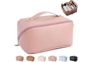 MINGRI Large Capacity Travel Cosmetic Bag for Women,Portable PU Leather Makeup Bag Water Resistant,Flat Open Multifunctional Storage Travel Toiletry Bag with Divider and Handle(Light Pink)