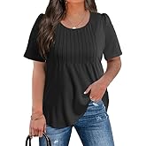 CARRROTMOB Plus Size Womens Summer Tops Puff Short Sleeve Crew Neck Pleated T Shirts Loose Dressy Casual Blouses