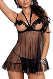 Singlelady Womens Sexy Sheer Mesh Open Cup Babydoll Sleepwear Lingerie Set(FBA)
