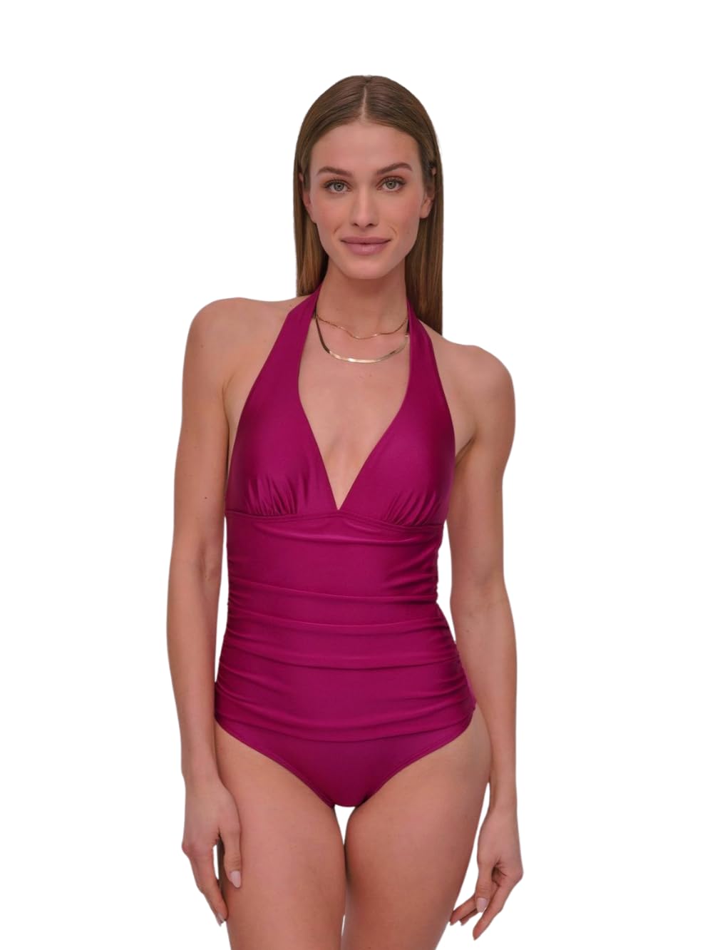 DKNY Women’s Triangle Halter Neck One Piece Swimsuit with Tummy Control, Boysenberry Shimmer, X-X-Large