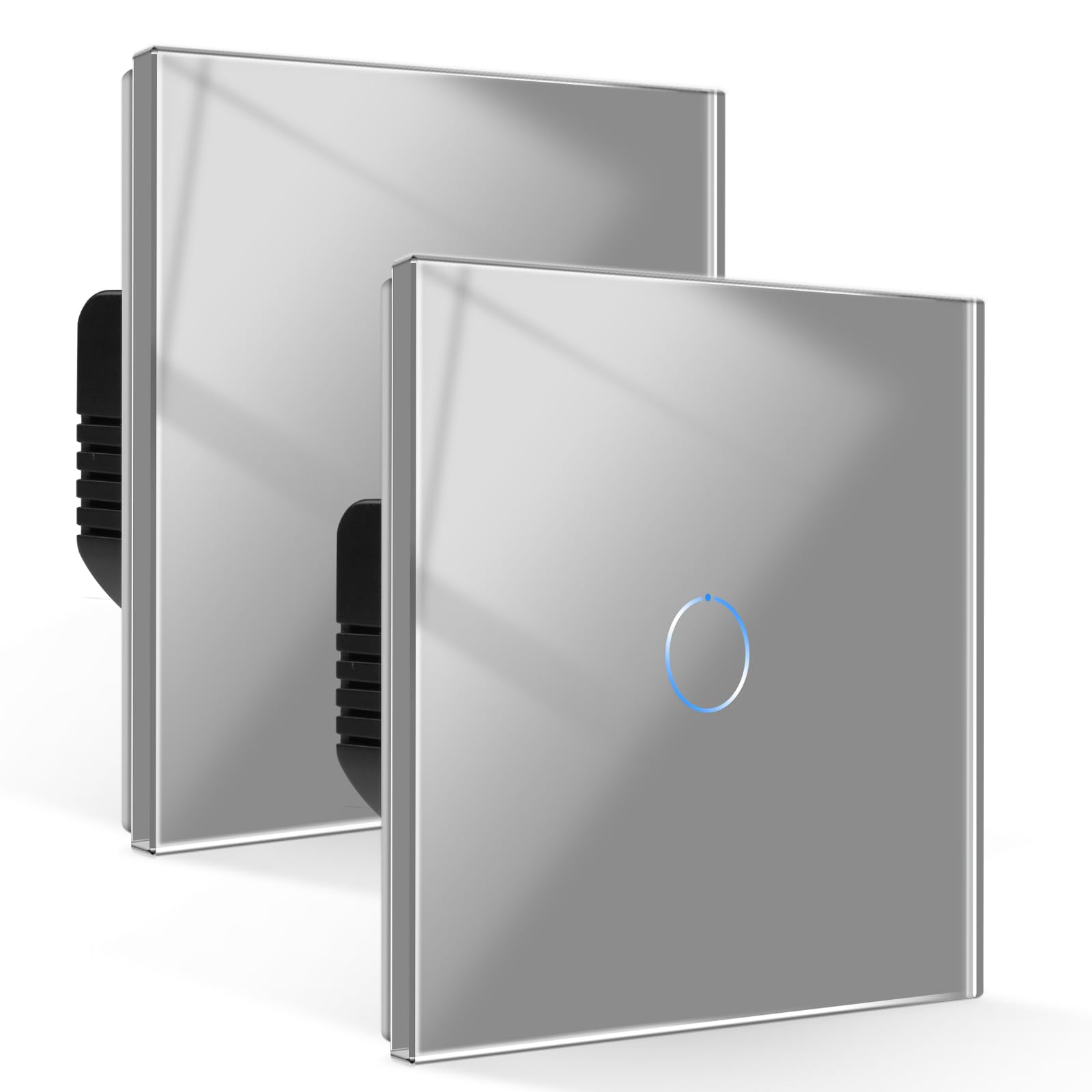 CNBINGO Touch Light Switch 1 Gang 2 Way, Tempered Glass Panel Light Switches with LED Indicator, No Neutral Wire, 2 Pack, Grey