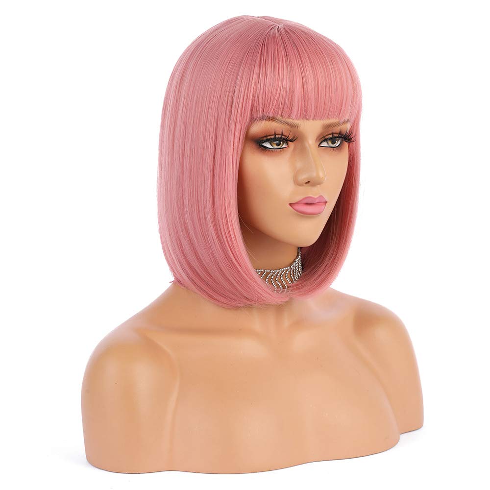 eNilecor Short Bob Hair Wigs 12" Straight with Flat Bangs Synthetic Colorful Cosplay Daily Party Wig for Women Natural As Real Hair+ Free Wig Cap (Pink)