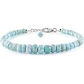 Natural Larimar Bracelet Gemstone Beaded Blue Crystals Jewelry for Women Birthstone Energy Chakra Stones, 925 Sterling Silver 8 inch, Sea Stone/Pectolite/Dolphin Gem Healing Beads Gifts For Her