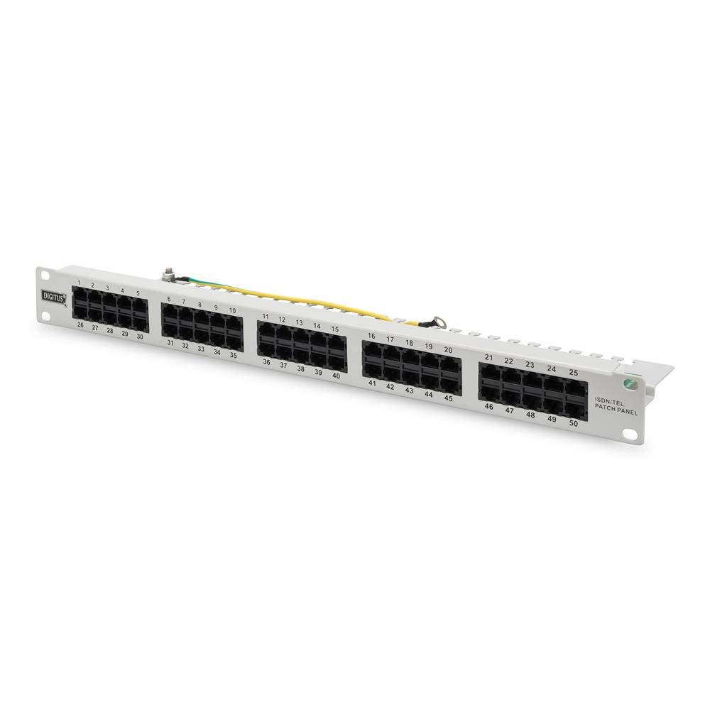 Digitus Patch Panel - 19-inch - Cat-3 - For ISDN - 50-port RJ45 - Unshielded - Patch Field - Rack Mount 1U - Grey