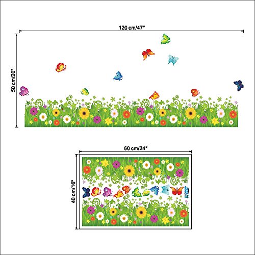 BIBITIME Flowering Grassland Flower Border Decal Butterflies Wall Skirting Sticker for Bathroom Glass Door Window Kitchen Lockers Nursery Decor Art Mural