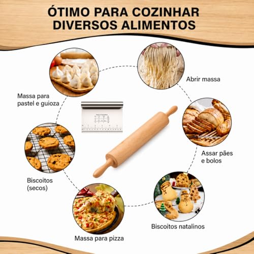 kit Rolo de Massa em Madeira 43 cm com Espatula de Corte e Raspadora de Inox com Régua de Medição 12 x15 cm Utensílio de Cozinha para Massas Premium