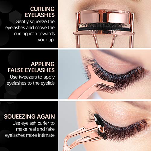 Eyelash Curler Kit for Women, Liaboe Mini Eyelash Makeup Tools Set with 2 Pieces Eyelash Curle, False Eyelashes Extension Tweezers, and Scissors, Mini Eyelash Curler fits All Eye Shape (Rose Gold)