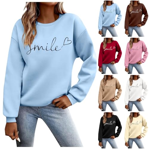 Long Sleeve Tops Women Letter Printed Casual Simple Ladies Sweatshirts Fashion Classic Round Neck Hoodless Sweatshirts Plus Size Capless Women's Jumpers Pullover Novel Printing Loose Blouse