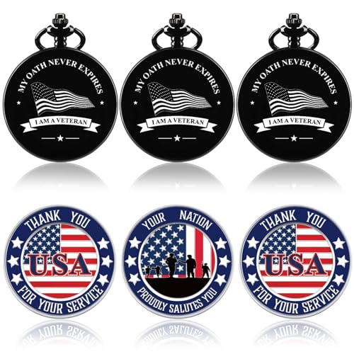 Sasylvia 6 Set Gifts for Veterans, Veterans Pocket Watch with Chains and Challenge Souvenir for Veterans Day Military Christmas Gifts(Classic Style)