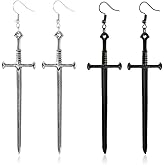 Weenkeey 2 Pairs Gothic Dagger Sword Earrings Retro Long Sword Hook Earrings Punk Knife Dangle Drop Earrings for Women - Silver Black