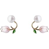 Peasimy Enamel Tulip Pearl Earrings for Women Pearl Flower Floral Stud Earrings Wedding Birthday Party Jewelry