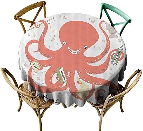 Jbgzzm Polyester Tablecloth Nautical Decor Octopus Holding Sap Shampoo Toothbrush Toothpaste with Tentacles Wash Brush Floss Dots Modern Party D51 Coral Beige Green