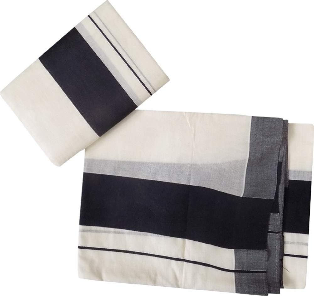 NEYTHU KADA Women's Cotton Kerala Settu Black Border Mundu (SM 212, Off White, Free Size)