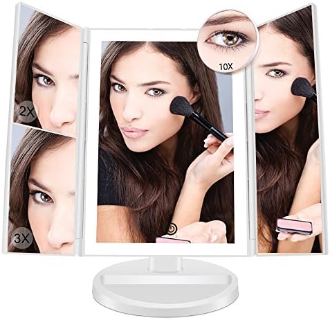 ASCINATE Lighted Makeup Mirror, Trifold vanity mirror with 2X/3X/10X Magnification and Natural LED Lighted Bars, Touch Screen 180° Adjustable Stand Table Countertop Cosmetic Mirror (White)