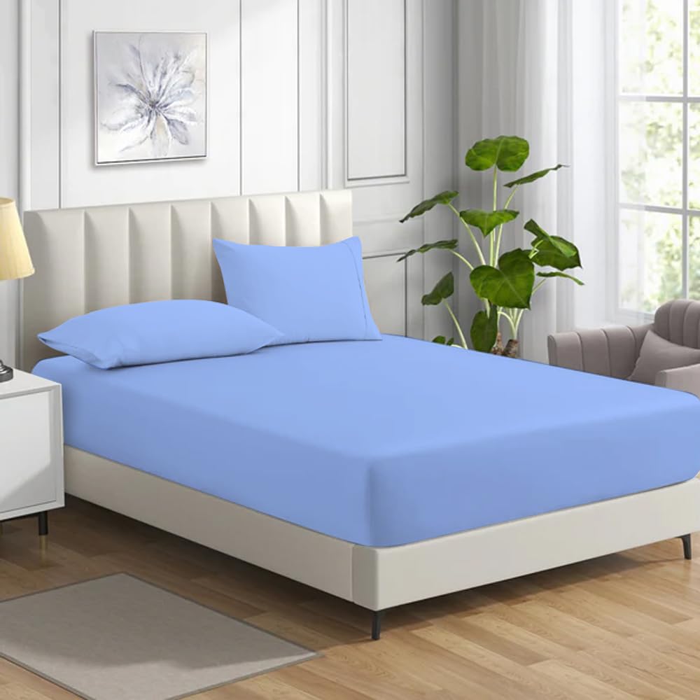 MistyMorning Fitted Sheet, Soft & Premium quality Bedding & Linen, 11''/28cm deep sheet, Egyptian Cotton with 200 Thread Count. (Sky Blue, Super King)