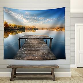Bridge for Fishing in Sunny Autumn Day - Fabric Wall Tapestry Home Decor - 51x60 inches