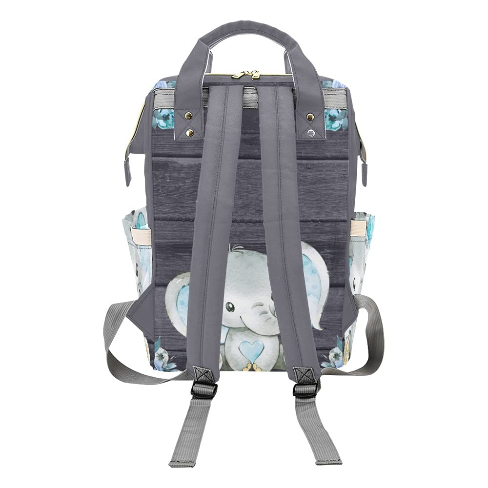 Personalized Cute Blue Elephant Floral Diaper Backpack with Name Text Large Capacity Custom Multi-Function Bag Unisex Travel Backpack for Mom Dad Boy Girl, 10.83 in L x 6.69 in W x 15 in H
