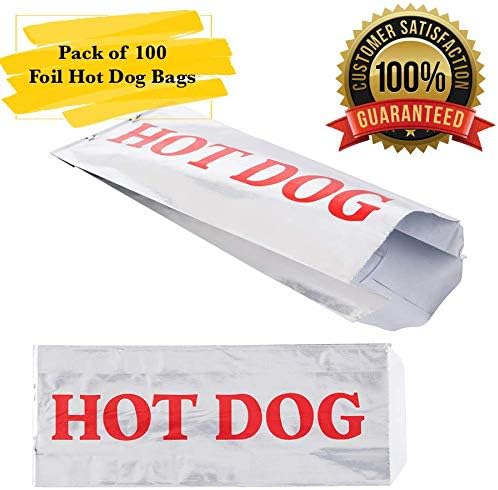 MM Foodservice Printed Foil Bags, Hot Dog Bags, Hamburger Bags, Cheeseburger Bags, Grease Resistant (Pack of 100, Foil Hot Dog Bags)
