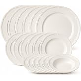 Villeroy &amp; Boch Manoir 18 Piece Dinnerware Set, Creamy White, Service for 6 | Premium Porcelain, Made In Germany, Dishwasher &amp; Microwave Safe, Raised Relief Rim, Plates &amp; Rim Soup Bowls, Wedding Registry