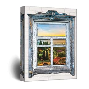 Canvas Wall Art Rustic View Through Vintage Window Theme Painting Artwork for Home Prints Framed - 12x18 inches