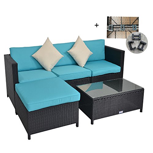 Outdoor Rattan Wicker Sofa Set Garden Patio Furniture Cushioned Sectional Conversation Sets-Easy Assembled(Black,5 Piece)