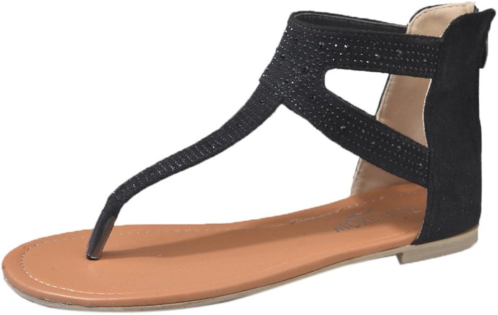 Amazon.com | Women's Flat Sandal Gladiator Sandals Back Zipper Rhinestone Thong T Strap Flip 