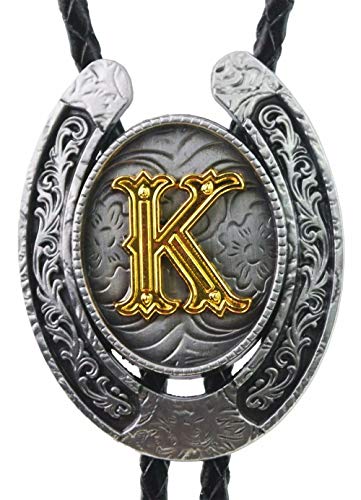Moranse Bolo Tie Golden Initial Letter A to Z In Western Cowboy Horseshoe Style with Cowhide Rope Necktie(K)