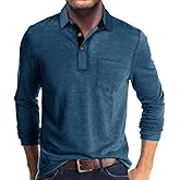 Men's Casual Polo Shirts Classic Button Basic Long Sleeve Shirt Solid Color Cotton Tees Stylish Tops