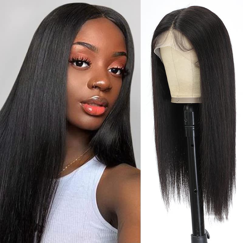 Photo 1 of Straight Lace Front Human Hair Wigs Brazilian Natural Color T Part Wig (20inch) 13X4x1 Pre Plucked Natural Hairline Remy Hair Wig For Black Women