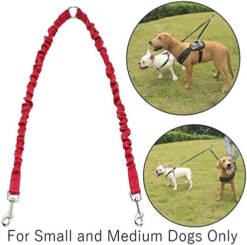 Bungee Dog Double Leashes Coupler - Best for Small Medium Breeds -No Tangle Dog Leash Splitter for 2 Dogs - Extends 19-31 Inches - Nylon Reflective (Red)