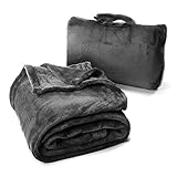 Cabeau Fold ‘n Go Travel and Throw Blanket Plus Compact Case - For Home and Travel - Doubles as Lumbar Pillow and Neck Support Pillow - French Microfiber Comfort - Charcoal