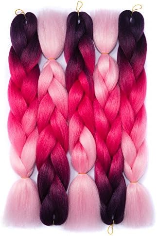 5Pcs/Lot Kanekalon Synthetic Hair Extensions Synthetic Fiber Ombre Braiding Hair Extensions 24inch (Purple-Peach Red-Light Pink)