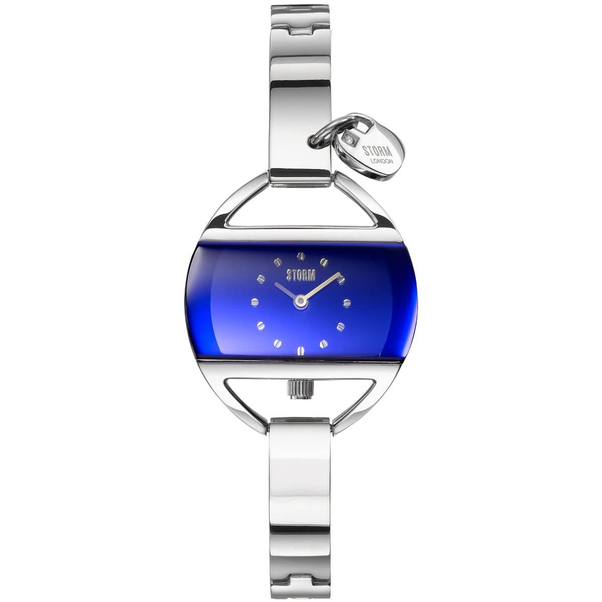 STORM Temptress Charm Lazer Blue - Sleek Edge-to-Edge Glass for a Modern Look, Delicate Heart Charm for a Touch of Elegance, Polished Stainless Steel for a Timeless and Durable Finish.