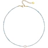 Iswawo Beaded Gemstone Necklace with Pearl Pendant, Women Bohemian 18K Gold Plated Freshwater Pearl Choker Natural Stone Bead Decoration Charm Women Jewelry Handmade Vacation Elegant Gift