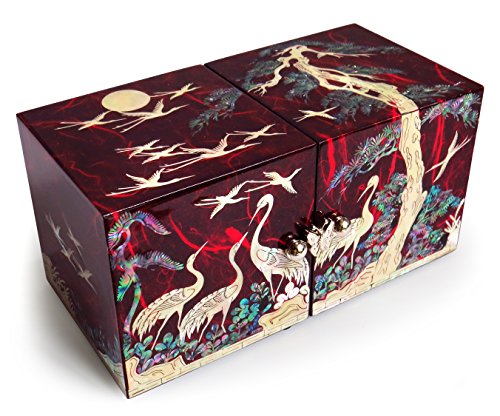 MADDesign-Jewelry-Box-Trinket-Organizer-Twin-Cube-Wood-Mother-of-Pearl-Inlay-Lacquered-Crane-Pine-Tree-Red