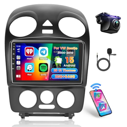 Hikity 2+64G Radio for VW Beetle 2004-2010 with Wireless Carplay Android Auto, 9'' Touch Screen Android Radio with Mirror Link FM/RDS EQ WiFi Bluetooth GPS 26UI SWC MIC Camera