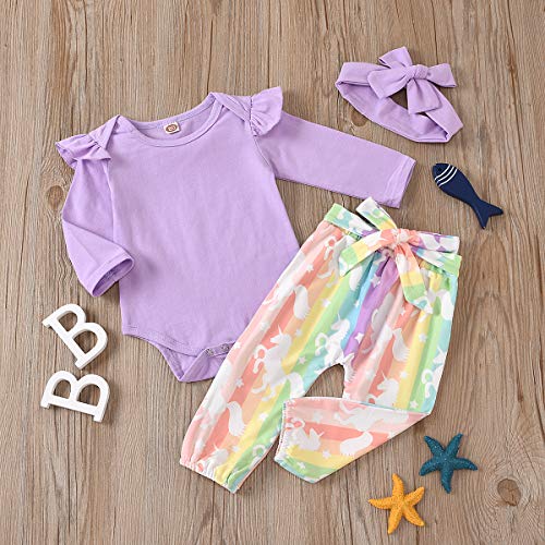 Baby Girl Long Sleeve Outfit for Fall 3 Pieces Suit Babies Romper Rainbow Stripe Halen Pants Toddler 1st Birthday Gift Outdoor Holiday(6-9 9-12 Months)