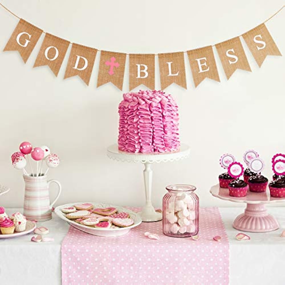 God Bless Burlap Banner Baptism Decorations Christening Communion