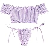 Fgnuay Bra and Panty Set Ruffle Lingerie Mesh Purple Women's Self Tie Ruffle Trim Dobby Mesh - Sexy Underwire Cute Push Up Strappy Embroidered Sheer Lingerie Set