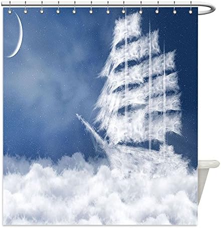 Liguo88 Custom Waterproof Bathroom Shower Curtain Polyester Nautical Decor A Yacht In The Ocean Made And Shaped With Fluffy Clouds Atmospheric Imaginary Sky Print Decor Blue White Decorative bathro