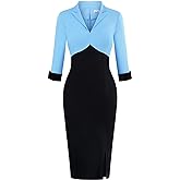 MUXXN Women's Vintage 3/4 Sleeve V Neck Midi Colorblock Business Formal Work Bodycon Pencil Dresses