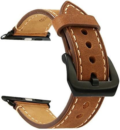 Apple Watch Band, 42mm Vintage Crazy Horse Genuine Leather iWatch Band Strap Replacement Wristband With Black Secure Metal Clasp Fit For All Apple Watch Sports Edition Brown