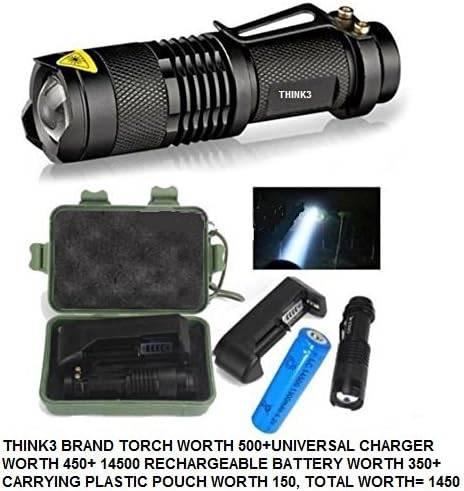 THINK3 Zoomable 3 Mode Torch Combo with Charger and 14500 Rechargeable Battery and Plastic Carrying Pouch