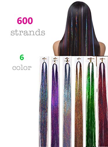 600 Strands Hair Tinsel 40” Glitter Hair Extensions Sparkling Tinsel Hair Extensions for Party Hair Flairs, 6 Colors