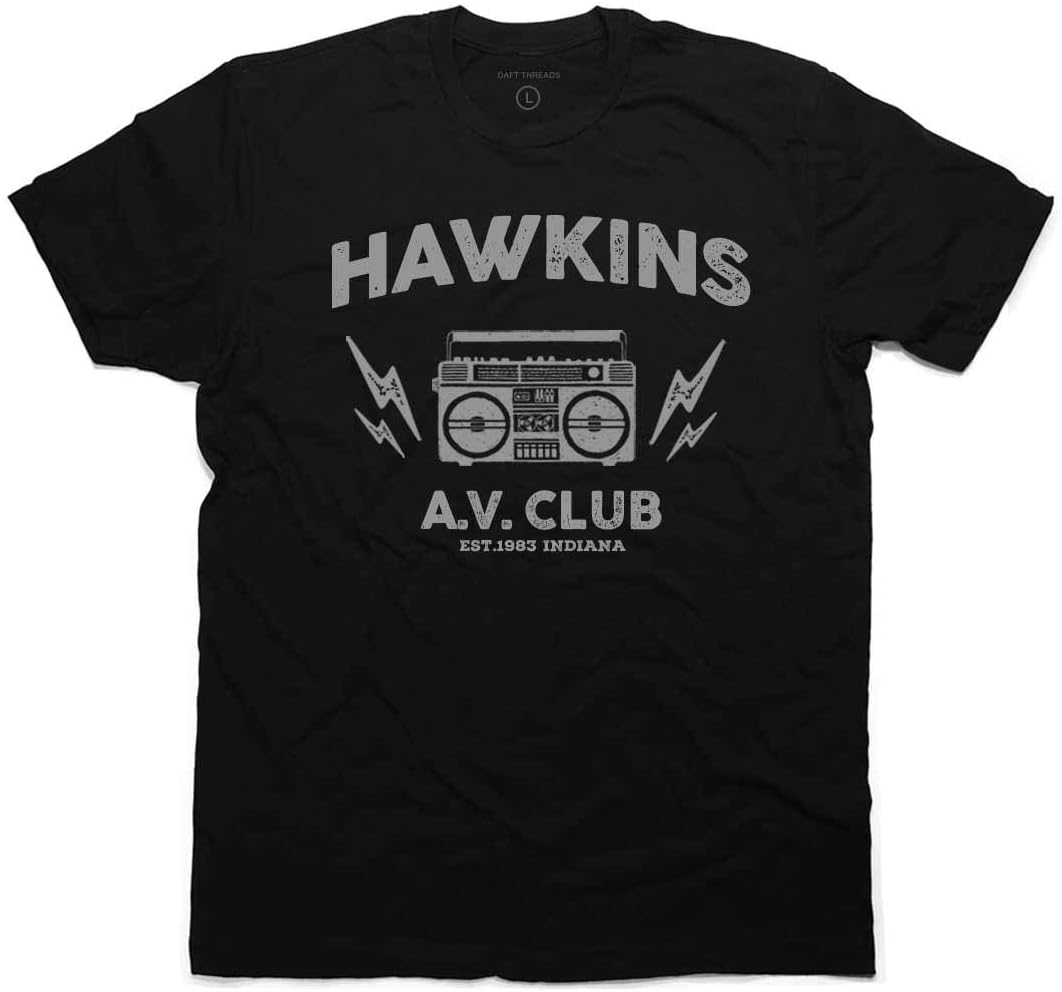 Daft Threads ~ Hawkins A.V. Club T-Shirt Stranger & Things Upside Down Sticker