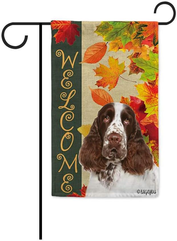 BAGEYOU Welcome Fall with My Favorite Dog English Springer Spaniel Garden Flag Maple Leaf Harvest Season Rustic Decor Yard Banner for Outside 12.5X18 Inch Printed Double Sided