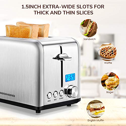 REDMOND Toaster 2 Slice, Stainless Steel Wide Slot Toaster with LCD
