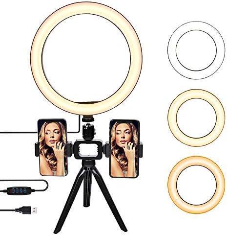 Ring Light 10" with Tripod Stand and Phone Holder for YouTube Video Live Streaming Makeup Photography,Desktop LED Circle Selfie Light with 3 Light Modes Compatible with iPhone Xs XR 8 7 Android