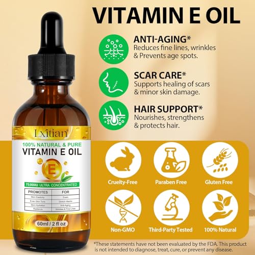 Pure Vitamin E, 100% Natural Vitamin E Oil for Skin, Organic Vitamin E Oil 75,000 IU, for Scars and Stretch Marks, Hydration of Dry Skin and Reduces Wrinkles, Firming Skin, 60 ml