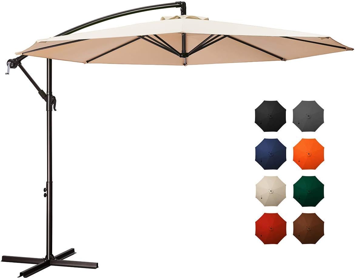 MEWAY 10ft Outdoor Umbrella Backyard Umbrella Deck Umbrella Cantilever Patio Umbrella with Crank & Cross Base, Easy to Instal (10ft, Beige)